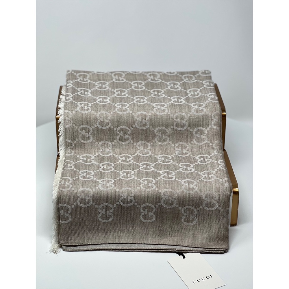 Gucci GG jacquard silk wool shawl dark grey scarf